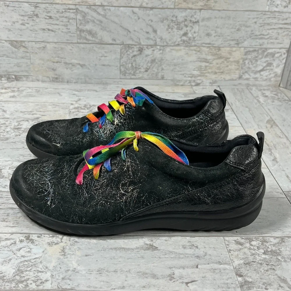 Klogs Sneaker Shoes Womens Size 10M Black Leather Rainbow Lace Up‎ Casual